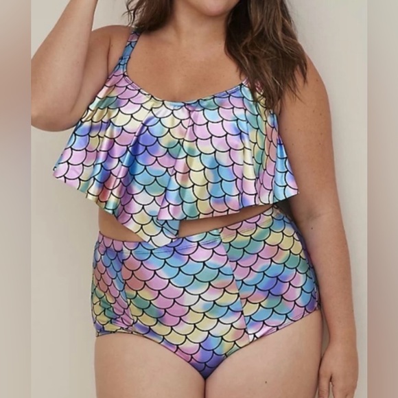 Torrid Rainbow Mermaid Flounce Top, High Waist Bikini, Size 4 (26), never worn - Picture 1 of 11